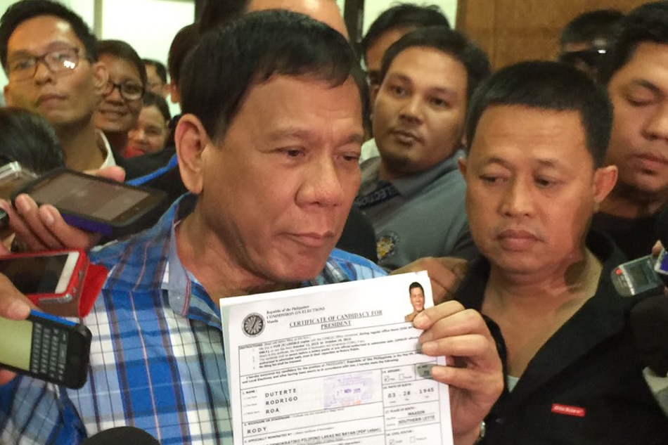 Duterte formalizes presidential candidacy