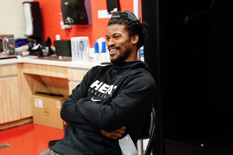 Jimmy Butler of the Miami Heat is being interviewed during practice and media availability as part of the 2020 NBA Finals on October 5, 2020 at AdventHealth Arena at ESPN Wide World of Sports Complex in Lake Buena Vista, Florida. File photo. Jesse D. Garrabrant, NBAE via Getty Images/AFP