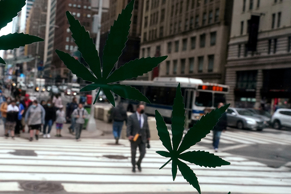 Cannabis stickers on a Weed World store window