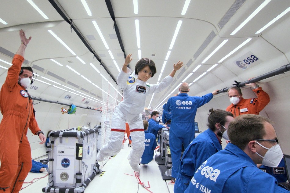 A Barbie doll version of an Italian astronaut Samantha Cristoforetti is seen during a zero-gravity flight with members of the European Space Agency in an unknown location. Courtesy of ESA/Simone Marocchi/Handout via Reuters