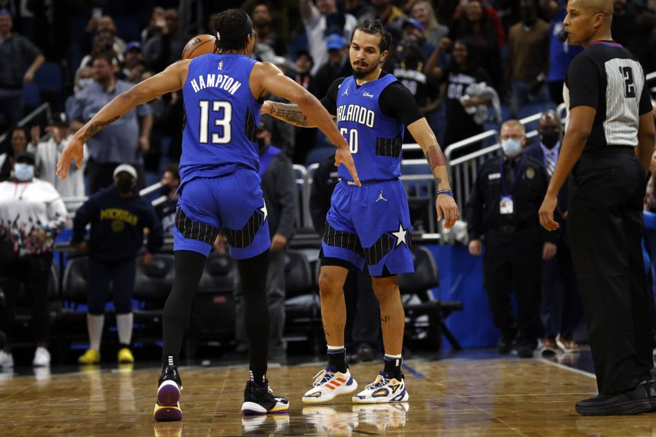 Orlando Magic guard Cole Anthony (50) and Orlando Magic guard R.J. Hampton (13) celebrate as they beat the Utah Jazz at Amway Center. Kim Klement, USA TODAY Sports/Reuters.