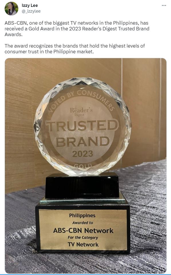 Abs Cbn Receives Reader S Digest Trusted Brand Gold Award Abs Cbn News