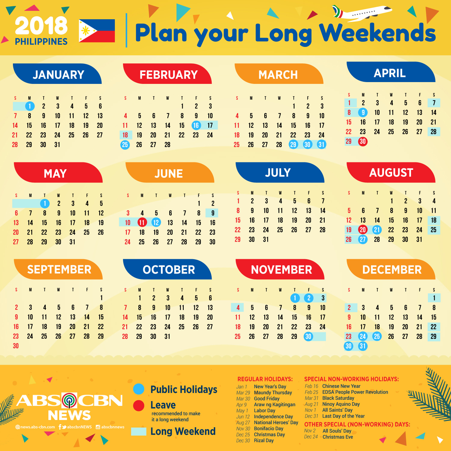 Your 2018 Holidays and Long Weekends Calendar ABSCBN News