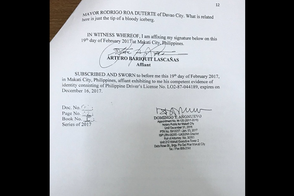 DDS killed &#39;criminals, innocent people&#39; at Duterte&#39;s behest - Lasca&#241;as affidavit 13