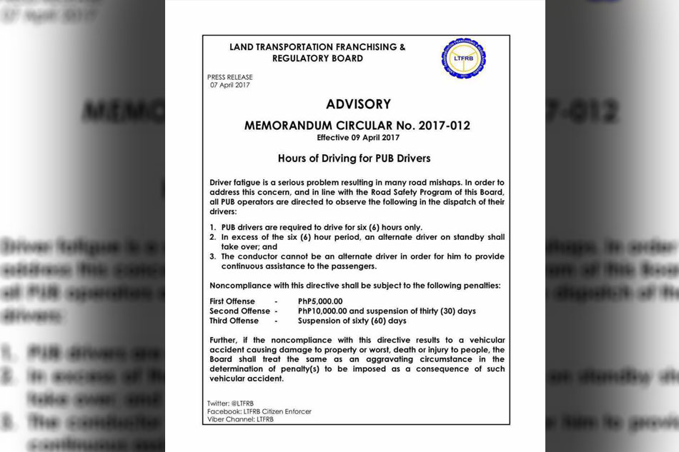 Bus drivers can&#39;t drive beyond 6 hours straight- LTFRB 2