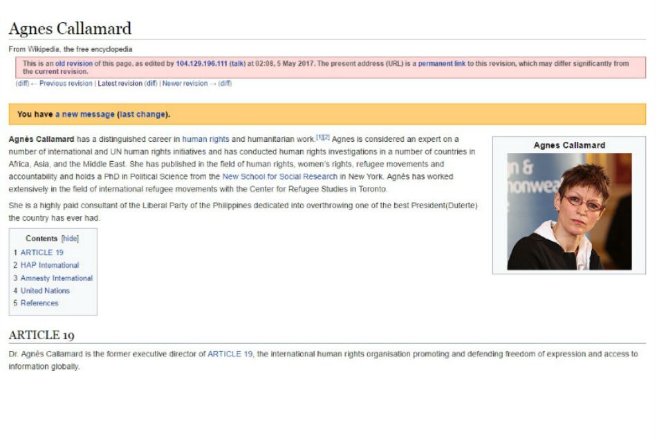 UN rapporteur&#39;s Wikipedia page defaced upon visit to PH 1