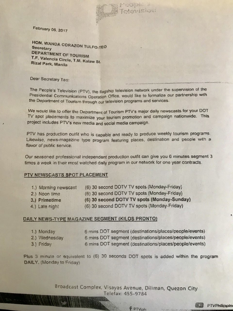 Letter shows PTV-4 proposed tourism ad placements on Tulfo show 1