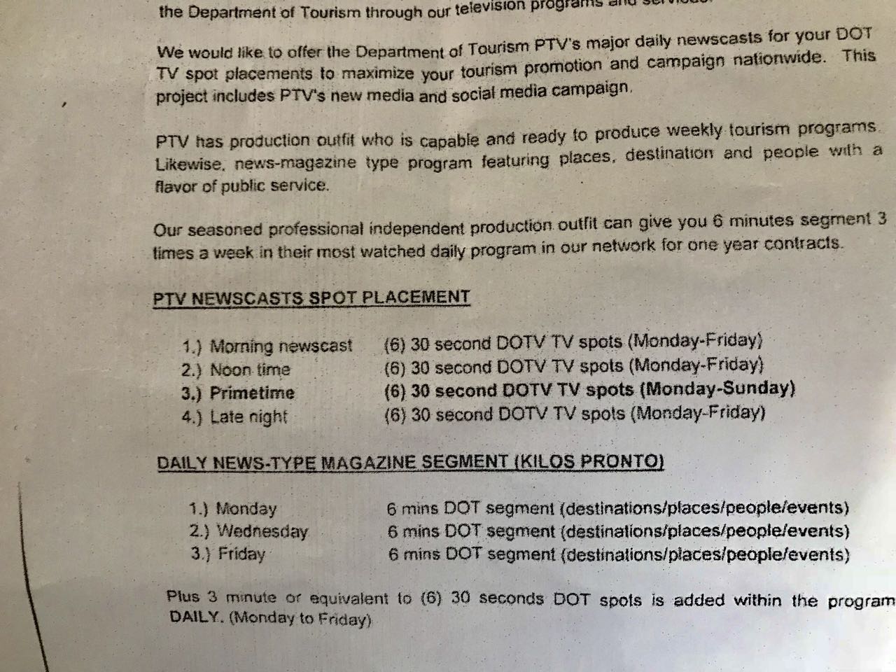 Letter shows PTV-4 proposed tourism ad placements on Tulfo show 2