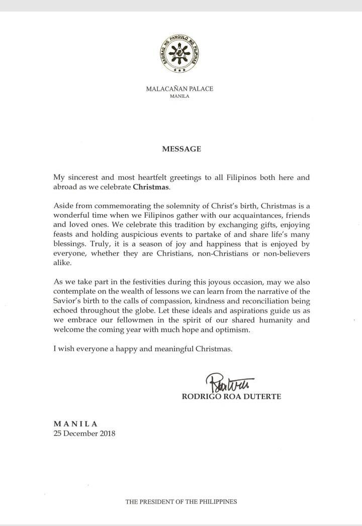 Duterte urges Filipinos to be kind, compassionate in Christmas message