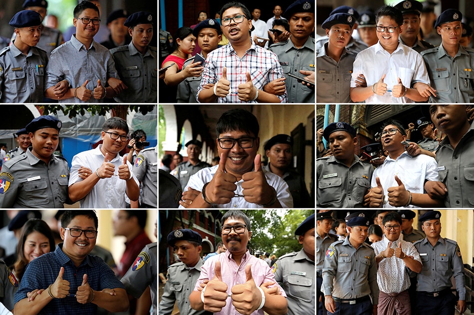 &#39;Thumbs up&#39; pics for Myanmar Reuters reporters as they mark year in jail 1