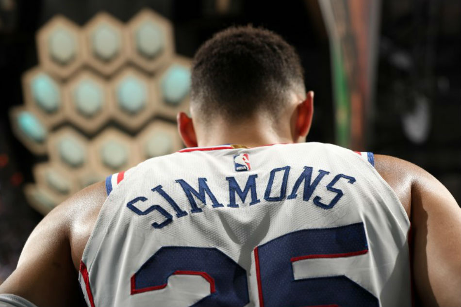 The jersey of Ben Simmons (25) of the Philadelphia 76ers as seen during the game against the Charlotte Hornets on April 1, 2018 at Spectrum Center in Charlotte, North Carolina. Kent Smith, NBAE via Getty Images/AFP