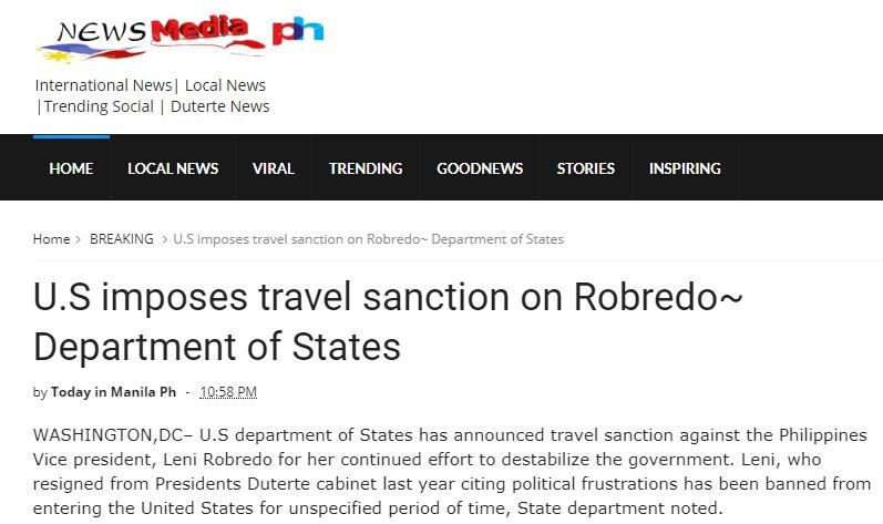 FACT CHECK: No, the US State Department has not announced travel sanctions on VP Robredo 2
