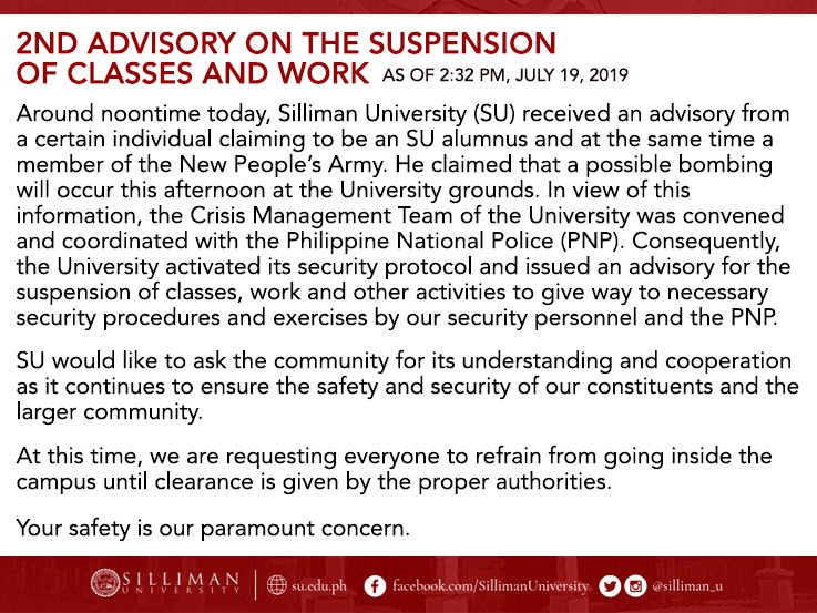 Silliman University, binulabog ng bomb threat 1