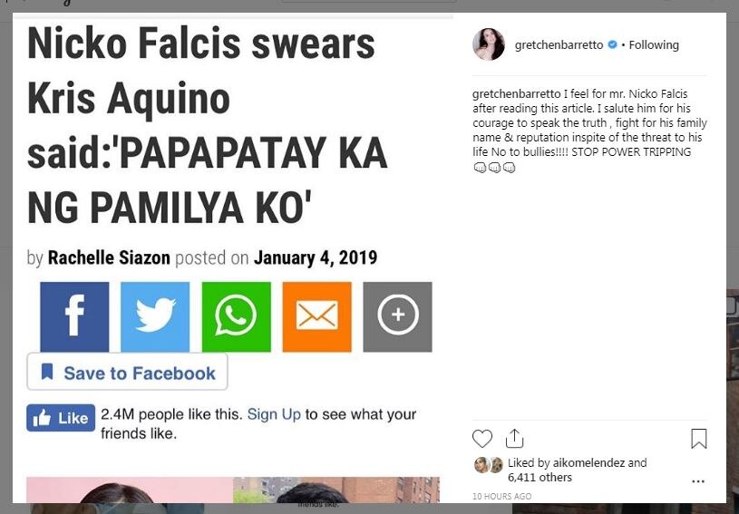 Gretchen Barretto sides with Nicko Falcis; Kris Aquino reacts 1