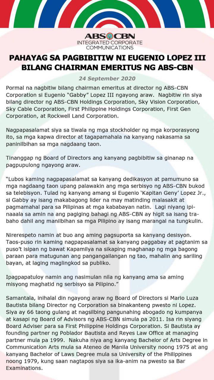 ABS-CBN&#39;s statement on the resignation of chairman emeritus Eugenio “Gabby” Lopez III 3