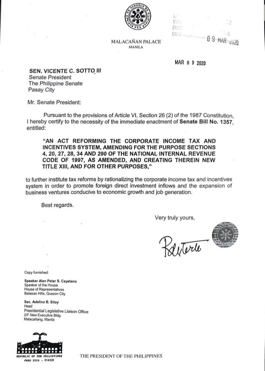 Duterte certifies as urgent CITIRA bill 1