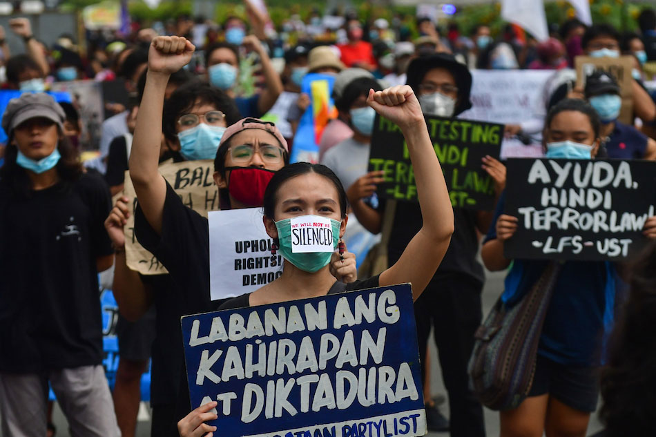 FILE. Protesters hold a rally in UP Diliman on July 4, 2020 in condemnation of the Anti-Terror Law. Mark Demayo, ABS-CBN News