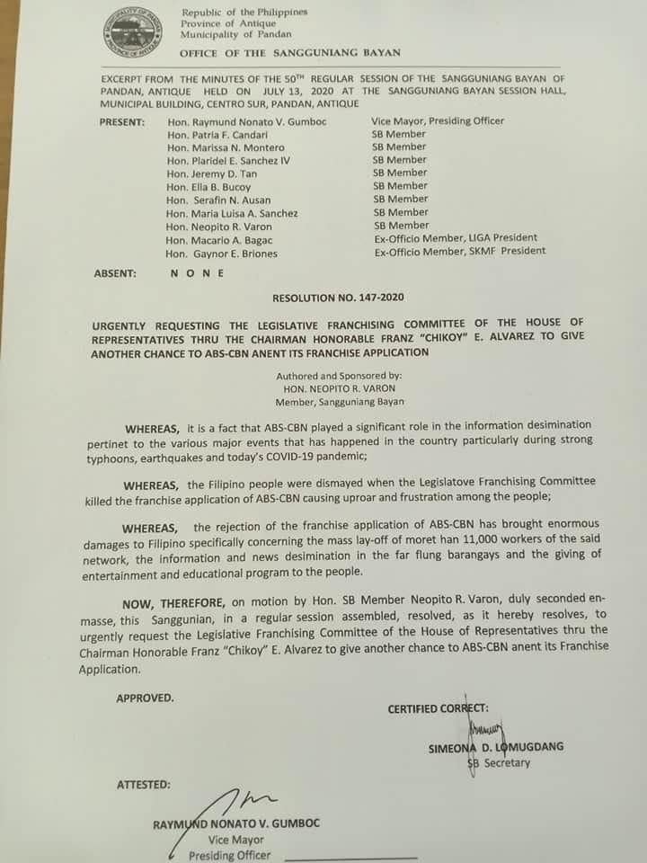 Resolution para sa reconsideration ng ABS-CBN franchise, ipinasa sa Pandan, Antique 1