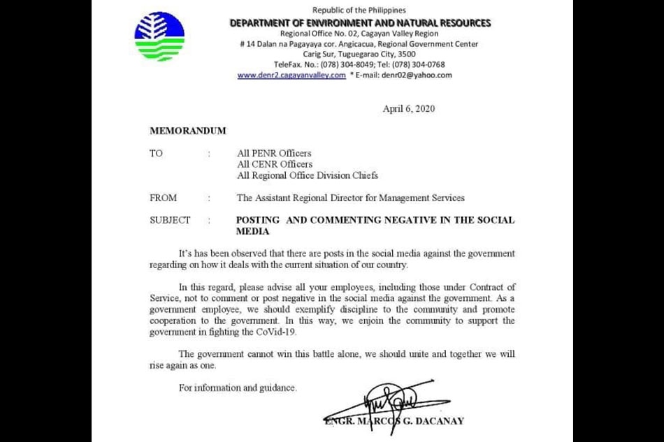 DENR discourages employees from posting negative comments about gov&#39;t online 1