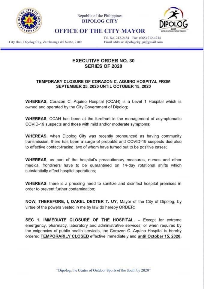 Ospital ng Lungsod ng Dipolog isinara para sa disinfection 2