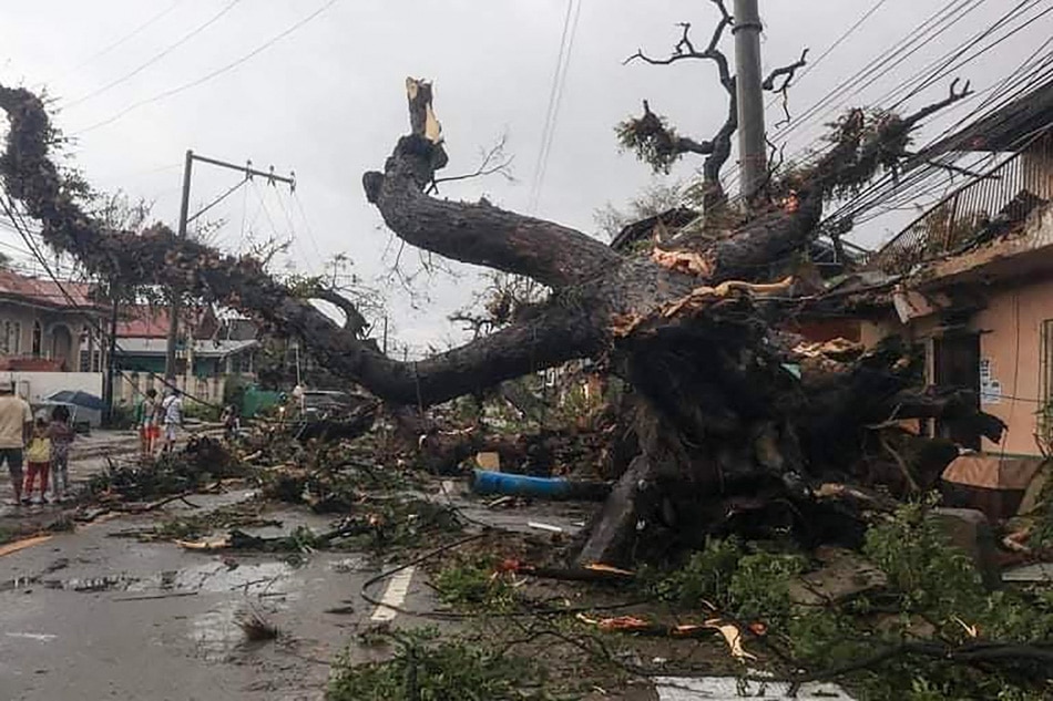Residents walk past an uprooted tree, downed by inclement weather from Typhoon Odette, along a road in Naga town in Cebu province on Dec. 17, 2021, a day after the typhoon hit the province. Alan Tangcawan, AFP