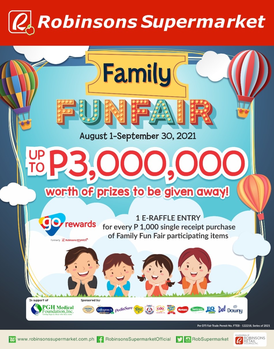 Get a chance to be one of the lucky winners of P25,000 worth of grocery shopping spree at this year's Family Fun Fair Promo 2021. Photo source: Robinsons Supermarket website [LINK OUT: https://www.robinsonssupermarket.com.ph/news-and-promos/family-fun-fair-2021