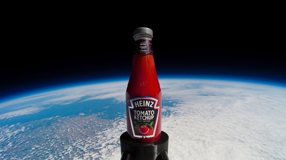 The Heinz Tomato Ketchup Marz Edition was made with tomatoes grown in Martian soil conditions on a spaceflight beyond the Earth's atmosphere. Photo Source: Sent Into Space, Heinz