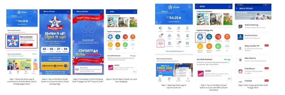 You can access the Merry GCash Category in two ways: one is to click the Merry GCash landing page in the GCash App, another is by tapping the GLife icon in the app. Photo source: GCash