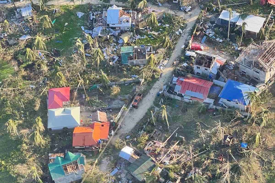 An aerial survey from the Philippine Army’s 402nd brigade shows homes and other structures are left in ruin in the aftermath of Typhoon Odette on December 18, 2021 in Siargao Island. Photo courtesy of Cpt. Jonald Romorosa/402nd IB