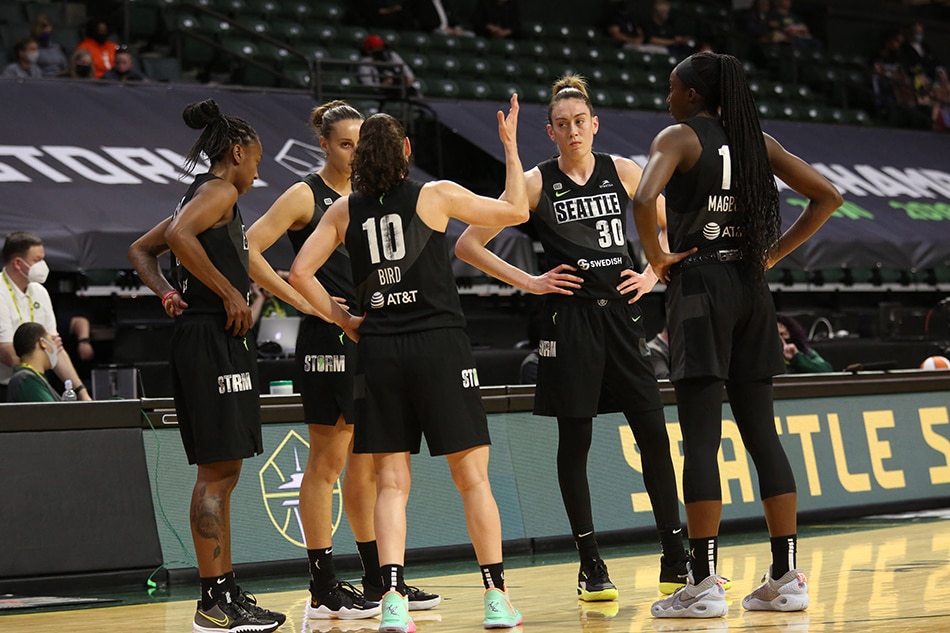 Breanna Stewart #30 talks with Sue Bird #10 of the Seattle Storm during the game against the Las Vegas Aces on May 15, 2021 at Angel of the Winds Arena in Everett, WA. File photo. Joshua Huston, NBAE via Getty Images/AFP