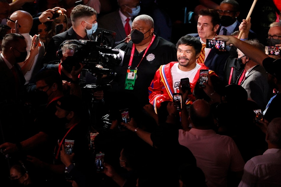 Pacquiao makes his way to the ring for his WBA welterweight title fight against Yordenis Ugas at T-Mobile Arena on August 21, 2021 in Las Vegas. Ugas retained his title by unanimous decision. 