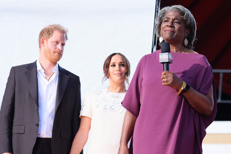 Prince Harry, Duke of Sussex, Meghan, Duchess of Sussex and Ambassador Linda Thomas-Greenfield (L-R) speak onstage during Global Citizen Live, New York on September 25, 2021 in New York City. Theo Wargo/Getty Images for Global Citizen/AFP
