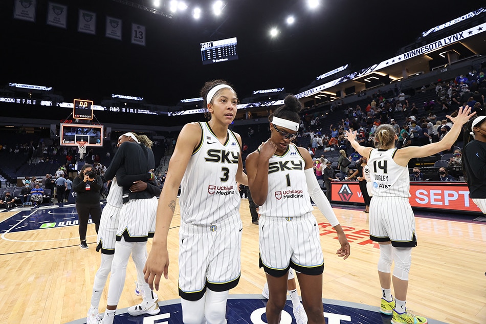 Candace Parker #3 of the Chicago Sky looks on after the game against the Minnesota Lynx during the 2021 WNBA Playoffs on September 26, 2021 at Target Center in Minneapolis, Minnesota. File photo. David Sherman, NBAE via Getty Images/AFP.