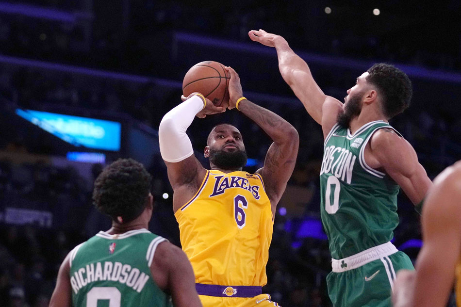  Los Angeles Lakers forward LeBron James (6) is defended by Boston Celtics forward Jayson Tatum (0) in the first half at Staples Center. Kirby Lee, USA TODAY Sports/Reuters.