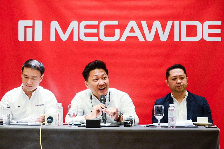 (L-R) Megawide CFO Oliver Tan, CEO Edgar Saavedra, and Chief Corporate Affairs & Branding Officer Louie Ferrer during a press conference prior to Megawide's Annual Stockholders Meeting in Pasig City on July 2, 2019. Mark Demayo, ABS-CBN News