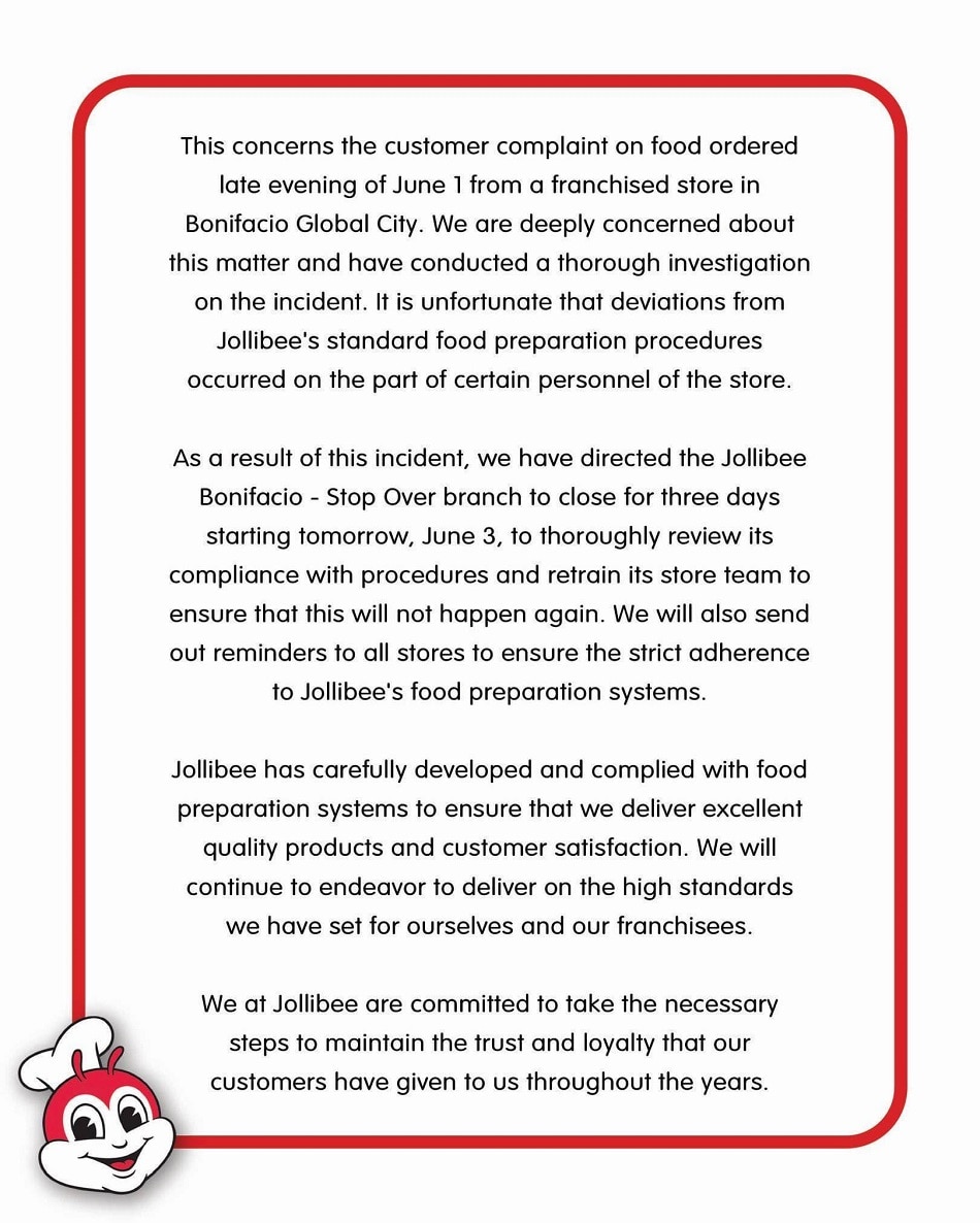 Jollibee to close down BGC branch for 3 days following ‘fried towel’ incident 1