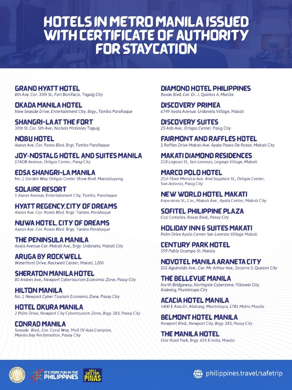  List of hotels accredited for staycation. Photo: DOT Facebook Page