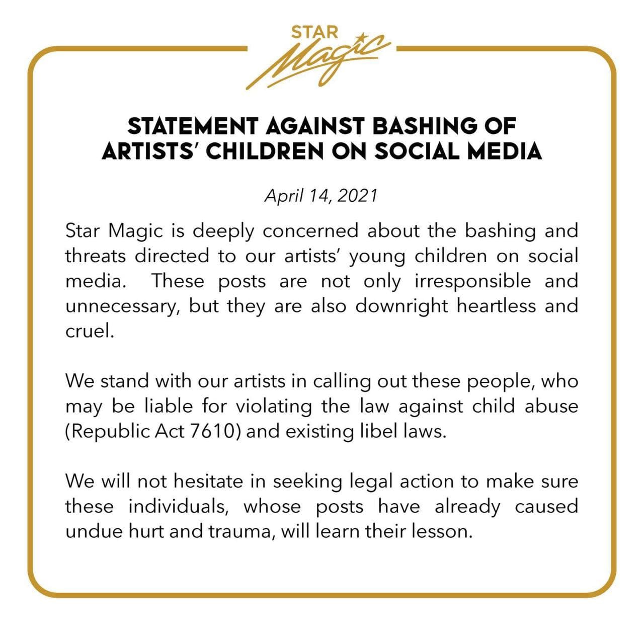 Star Magic deeply concerned about bashing of talents&#39; young children 1