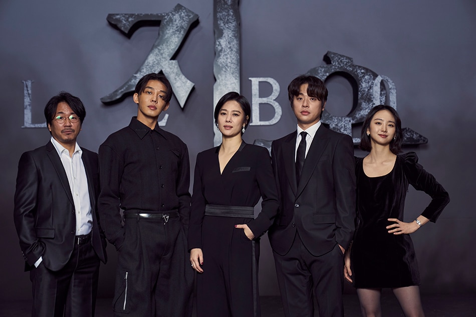 Korean actors Yang Ik-june, Yoo Ah-in, Kim Hyun-joo, Park Jeong-min and Won Jin-ah attend a press conference for the upcoming series ‘Hellbound’ on November 16, 2021. Photo courtesy of Netflix