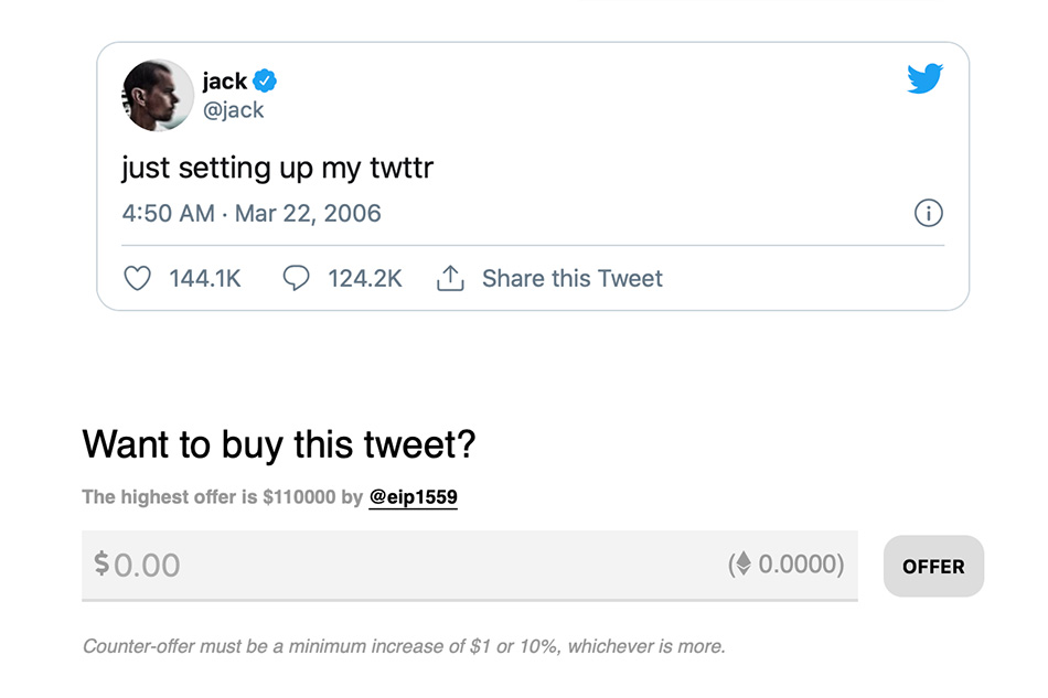 Twitter&#39;s Dorsey auctions first ever tweet as digital memorabilia 1