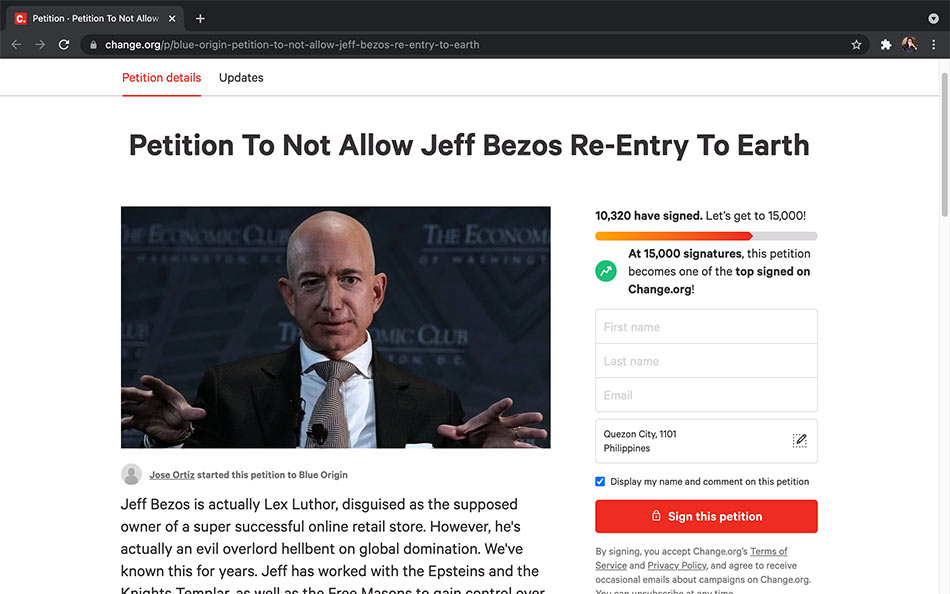 Higit 10k pumirma sa petisyong huwag pabalikin sa Earth si Amazon founder Bezos 2