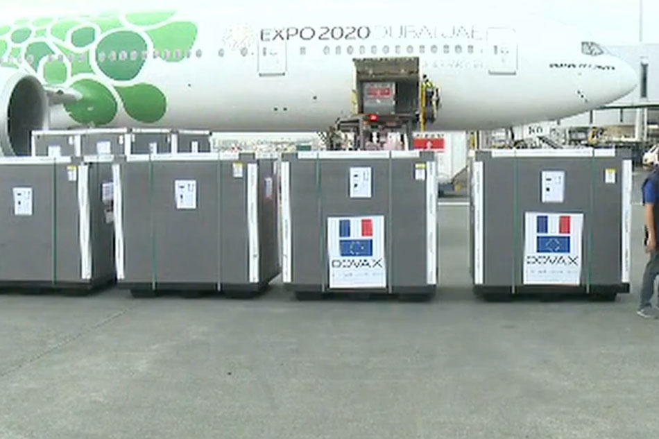 France's donation of over 1.6 million COVID-19 shots arrive in Manila on Dec. 1, 2021. Screengrab from PTV