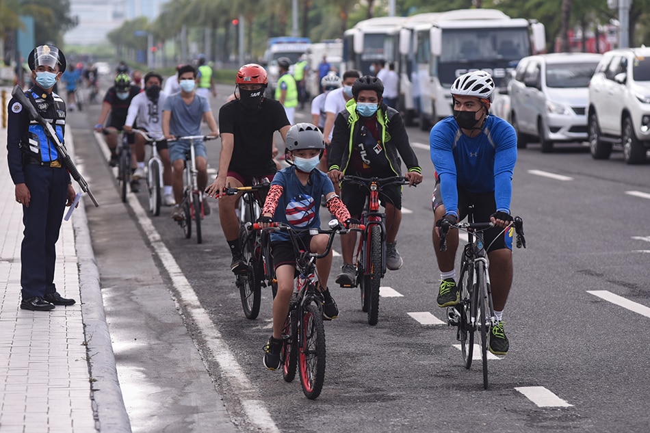 Cyclists attend the launch of the “Bike-Friendly MOA” initiative at the Mall of Asia Complex in Pasay City on Sept. 26, 2020. Bicycles filled the lack of public transportation during the stricter lockdown in Metro Manila. George Calvelo, ABS-CBN News/File