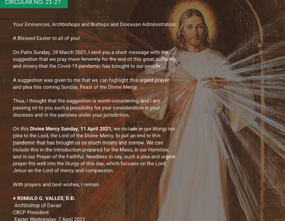CBCP to bishops, priests: Pray for pandemic’s end on Divine Mercy Sunday 1