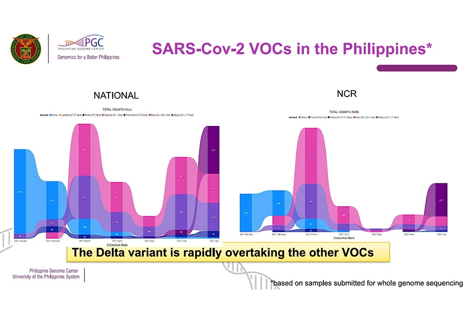 This screen shot from a slide show from the Philippine Genome Center shows a tally of Delta and other COVID-19 variants detected in genome sequencing samples.