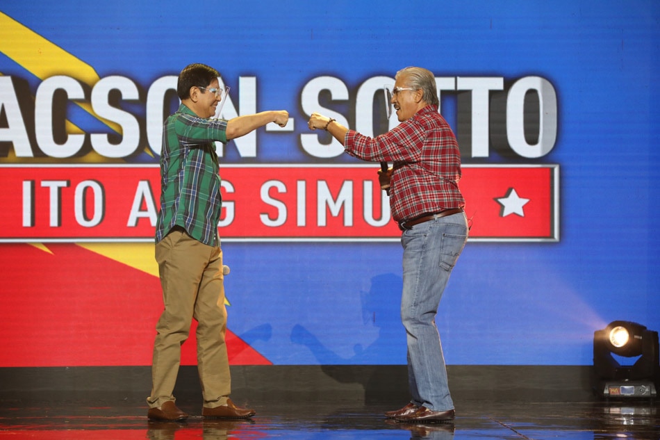 Senator Ping Lacson and Senate President Vicente Sotto III gesture as they launch their bid for the 2022 national election during a pre-taped event released on Wednesday, September 8, 2021. Louie Millang/Handout
