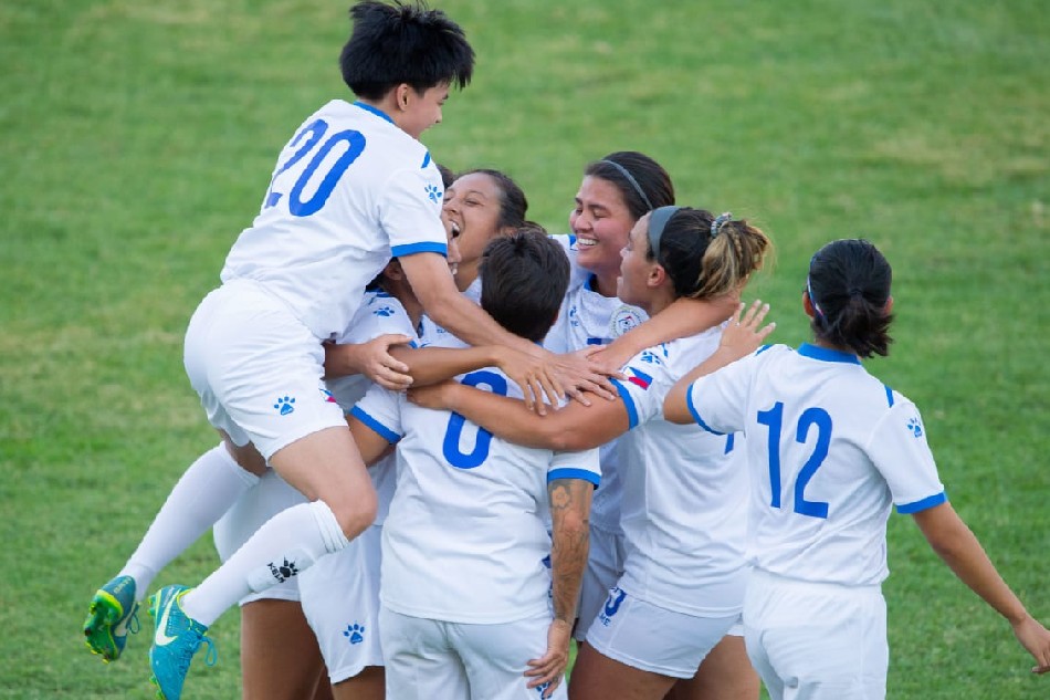 The Philippine national women's football team celebrates after beating Nepal in the qualifiers for the AFC Women's Asian Cup. Photo courtesy of the AFC. 