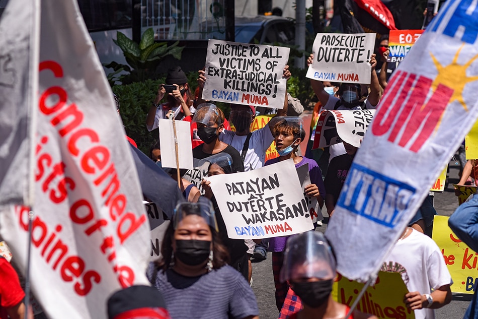 Protesters led by BAYAN march along España boulevard to Mendiola in Manila to mark the 5th year of President Duterte in office on June 30, 2021. The group slammed Duterte for his alleged crimes against humanity for the thousands killed as part of the government’s war on drugs and the death of activists and critics during his administration. George Calvelo, ABS-CBN News