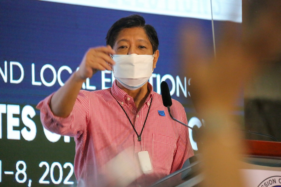 Former senator Bongbong Marcos speaks with media after filing his certificate of candidacy (COC) for the 2022 presidential election at the Harbor Garden tent of the Sofitel Hotel in Pasay City on Oct. 6, 2021. Jonathan Cellona, ABS-CBN News