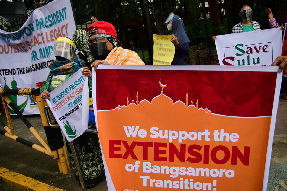 Muslim groups picket in front of the House of Representatives in Quezon City on Feb. 16, 2021 to call for the extension of the Bangsamoro Transition Authority, the interim regional government of the Bangsamoro Autonomous Region. Mark Demayo, ABS-CBN News/File 